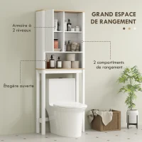 HOMCOM Meuble de rangement au-dessus des toilettes avec porte cannelée, compartiments, étagère réglable, 65x25x170cm, blanc(m-5)