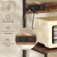 HOMCOM Küchenregal, Standregal mit 5 S-Haken, 5 Ablagen, Steckdose, aus Stahl, Rustikal-Braun, 60 x 42 x 153 cm(m-4)