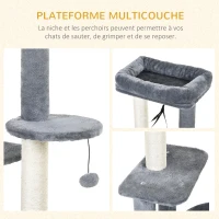 PawHut Arbre à chats avec griffoirs grattoirs sisal naturel centre d'activités niche plateformes 2 jouets suspendus gris(m-4)