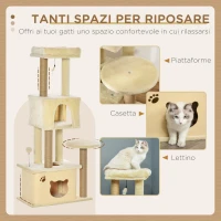 PawHut Albero Tiragraffi per Gatti Alto 136 cm con Cuccia Rimovibile, Casetta e Lettino, Pali in Iuta, Beige(m-4)