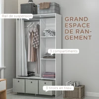 HOMCOM Armoire penderie armoire de rangement avec tringle rideaux 3 tiroirs en tissu amovibles 105 x 48 x 160 cm blanc(m-5)