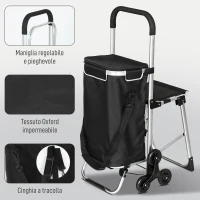 HOMCOM Carrello della Spesa in Alluminio con Borsa da 40L Impermeabile e Sedile, 46x59.5x97 cm, Nero e Argento(m-8)