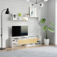 HOMCOM Ensemble meuble TV avec banc et étagère murale style contemporain 153,6L cm - blanc et bois naturel(m-10)