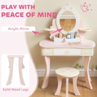 AIYAPLAY Kids Dressing Table, Girls Vanity Set with Mirror and Stool, 7 Play Accessories, Drawer, Desktop Storage, Pink(m-7)