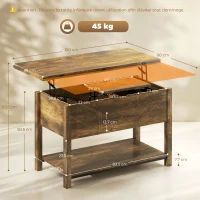 HOMCOM Table basse relevable et extensible table de salon avec compartiment caché étagère ouverte 100x45x50,5cm brun rustique(m-3)