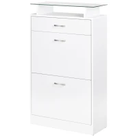 HOMCOM Armoire à Chaussures Meuble rangement Chaussures 2 Portes abattantes 2 Compartiments, tiroir, Plateau en Verre - Bois chêne Blanc(m-12)