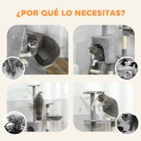PawHut Árbol Rascador para Gatos Altura 134 cm con 6 Postes 3 Plataformas Cueva Hamaca Escalera 4 Juguetes Colgantes Gris(m-8)