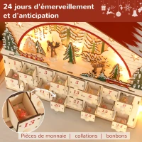HOMCOM Calendrier de l'Avent lumineux, calendrier de l'Avent à remplir, 24 tiroirs, scène de village, 36x10x34cm, bois naturel(m-5)