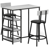 HOMCOM Ensemble table de bar avec 2 tabourets et étagères de rangement pour salle à manger, cuisine, gris et noir