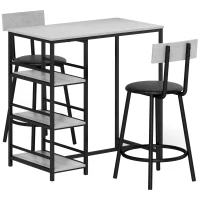 HOMCOM Ensemble table de bar avec 2 tabourets et étagères de rangement pour salle à manger, cuisine, gris et noir(m-12)