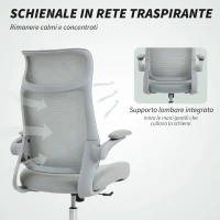 HOMCOM Sedia da Ufficio Ergonomica con Braccioli Regolabili, Schienale a Rete e Poggiatesta, Grigio(m-5)
