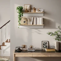 HOMCOM Set de 2 estanterías de pared estante flotante, balda de pared, repisa para presentación, para cocina, salón, Blanco+Madera natural(m-5)