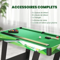 SPORTNOW Table de billard pliable avec accessoires 2 queues, 16 billes, traingle, craie, dim. 104L x 55,5l x 68H cm, tapis vert(m-5)