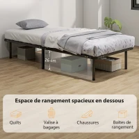HOMCOM Cadre de lit 90 x 190 cm, lit simple avec sommier à lattes en bois massif et pied, avec rangement au-dessous, noir(m-6)