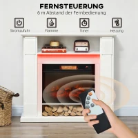 HOMCOM Kominek elektryczny z oświetleniem LED, realistyczny efekt płomieni, 1800W, półka nad kominkiem, 2 piloty, szkło, biały(m-6)