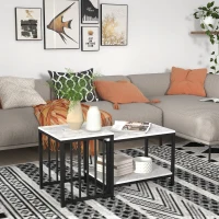 HOMCOM Lot de 2 tables d'appoint tables gigognes tables basses empilables avec plateau aspect bois effet marbre cadre en métal(m-10)