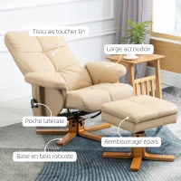 HOMCOM Fauteuil relax massant avec pouf, fauteuil de relaxation pivotant à 360°, dossier inclinable, 80 x 86 x 99 cm, crème(m-7)