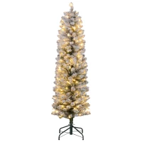 HOMCOM Sapin de Noël artificiel 150 cm avec éclairage LED blanc chaud, 263 branches enneigées, base en métal, réaliste et fin(m-12)
