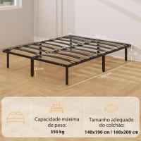 HOMCOM Estrutura de Cama 160x200 cm com Espaço de Armazenamento Abaixo e Ripas de Álamo Fácil de Montar Carga 350 kg Preto(m-3)