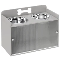 PawHut Station d'alimentation surélevée avec 2 gamelles et placard, MDF, acier inoxydable, motif os, Gris(m-7)