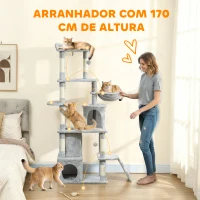PawHut Arranhador para Gatos Grande com 7 Postes 1 Túnel 3 Plataformas 2 Cavernas 1 Rede 1 Poleiro 1 Rampa Pompons 60x40x170 cm Cinzento(m-4)