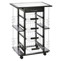HOMCOM Chariot de service desserte de cuisine à roulettes multi-rangements 4 paniers métal tiroir + 4 range-bouteilles bois pin noir plateau carrelé blanc(m-12)