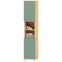 HOMCOM Meuble de salle de bain meuble de rangement 2 placards 2 compartiments ouverts étagères réglables 30 x 30 x 166 cm, vert(m-1)