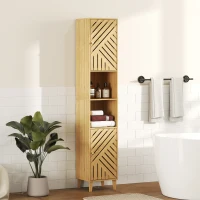 HOMCOM Armoire salle de bain, meuble de rangement colonne, portes en bambou, étagères réglables, 32x30x170cm, bois naturel(m-10)