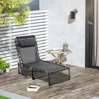 Outsunny Chaise longue pliable bain de soleil transat de relaxation dossier inclinable 5 niveaux têtière amovible pochette latérale intégrée revêtement textilène acier dim. 189 x 58 x 30 cm noir(m-10)