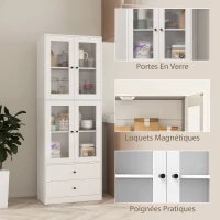 HOMCOM Buffet haut cuisine, armoire de cuisine avec portes vitrées, tiroirs et étagères réglables, 59x30x170cm, blanc brillant(m-7)