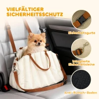 PawHut Autositz für Hunde unter 5 kg, 2 Gurte, Oxford-Stoff, Kissen, Leine, Cremeweiß(m-4)