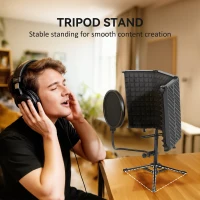 HOMCOM Studio Microphone Isolation Shield with Pop Filter and Tripod Stand, Foldable Adjustable Recording Studio Equipment, 3-Panel High Density Absorbent Foam Shield with 3/8" Threaded Mount, Black(m-7)