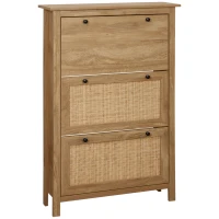 HOMCOM Meuble à chaussures étagère à chaussures armoire 3 portes abattants effet cannage rotin - en bois bois naturel(m-12)