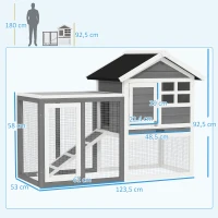 PawHut Coelheira de Madeira Exterior de 2 Níveis com Zona Aberta Teto Asfáltico Bandeja Removível e Rampa 122x62,6x92 cm Cinzento(m-3)