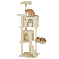 PawHut Krabpaal 160 cm kattentoren met hangmat, ladder, hol, 2 pluche ballen, sisalstammen, 48 x 48 x 160 cm, Beige(m-11)
