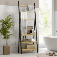 HOMCOM Porte-serviettes pliable 3 barres de suspension et 3 étagères en bambou pour salle de bains, structure métal noir(m-10)