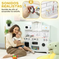 AIYAPLAY Cocina de Juguete de Madera con Sonido y Cortinas Accesorios de Acero Inoxidable para Niños a Partir de 3 Años Blanco(m-4)