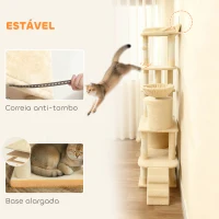 PawHut Arranhador para Gatos Grande com 7 Postes 1 Túnel 3 Plataformas 2 Cavernas 1 Rede 1 Poleiro 1 Rampa Pompons 60x40x170 cm Bege(m-9)