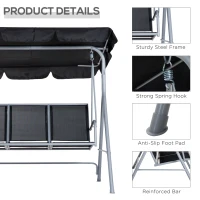 Outsunny Metal Garden Swing Chair, 3-Seater Swing Seat, Patio Hammock Bench Canopy Lounger, Black(m-6)