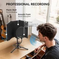 HOMCOM Studio Microphone Isolation Shield with Pop Filter and Tripod Stand, Foldable Adjustable Recording Studio Equipment, 3-Panel High Density Absorbent Foam Shield with 3/8" Threaded Mount, Black(m-4)