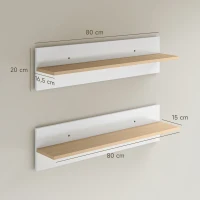 HOMCOM Set de 2 estanterías de pared estante flotante, balda de pared, repisa para presentación, para cocina, salón, Blanco+Madera natural(m-3)