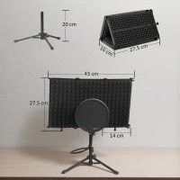 HOMCOM Studio Microphone Isolation Shield with Pop Filter and Tripod Stand, Foldable Adjustable Recording Studio Equipment, 3-Panel High Density Absorbent Foam Shield with 3/8" Threaded Mount, Black(m-3)