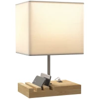 HOMCOM Nachttischlampe, USB-Anschlüsse, Holz, Stoff, Wippschalter, Ablagefächer, Weiß(m-11)