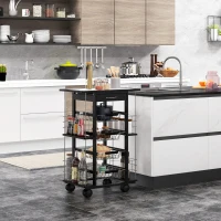 HOMCOM Chariot de service desserte de cuisine à roulettes multi-rangements 4 paniers métal tiroir + 4 range-bouteilles bois pin noir plateau carrelé blanc(m-10)