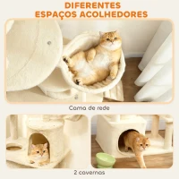 PawHut Arranhador para Gatos Grande com 7 Postes 1 Túnel 3 Plataformas 2 Cavernas 1 Rede 1 Poleiro 1 Rampa Pompons 60x40x170 cm Bege(m-7)