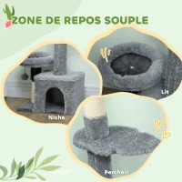 PawHut Arbre à chat du sol au plafond, tour à chat réglable en hauteur 225-255 cm à plusieurs niveaux, revêtement peluche, gris(m-7)