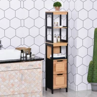 HOMCOM Meuble Colonne Rangement Salle de Bain Style Cosy dim. 30L x 30l x 144H cm 3 étagères 2 tiroirs Bambou Noir(m-10)