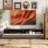 HOMCOM Meuble TV suspendu 140cm, meuble télé pour téléviseur 72 pouces, 2 portes rabattables, 140x25x22cm, bois naturel et noir(m-7)