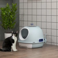 PawHut Bac à litière pour chat maison de toilette portable pour chat tiroir à litière coulissant porte battante lucarne + pelle fournis dim. 47L x 55l x 44H cm bleu(m-10)