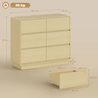 HOMCOM 100 cm Sideboard, Buffet Cabinet with 6 Drawers, Dresser for Kitchen, Living Room, Dining Room, Natural Wood(m-3)